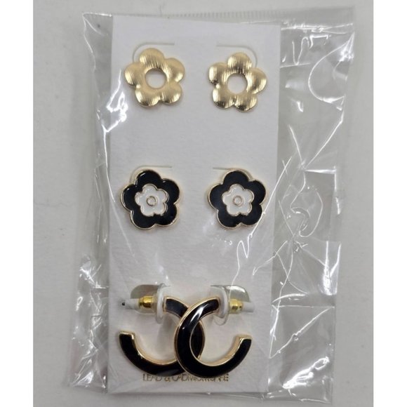 Brand New earrings, 1 gold flower, 1 gold black and white flower, 1 black and go - Picture 2 of 2